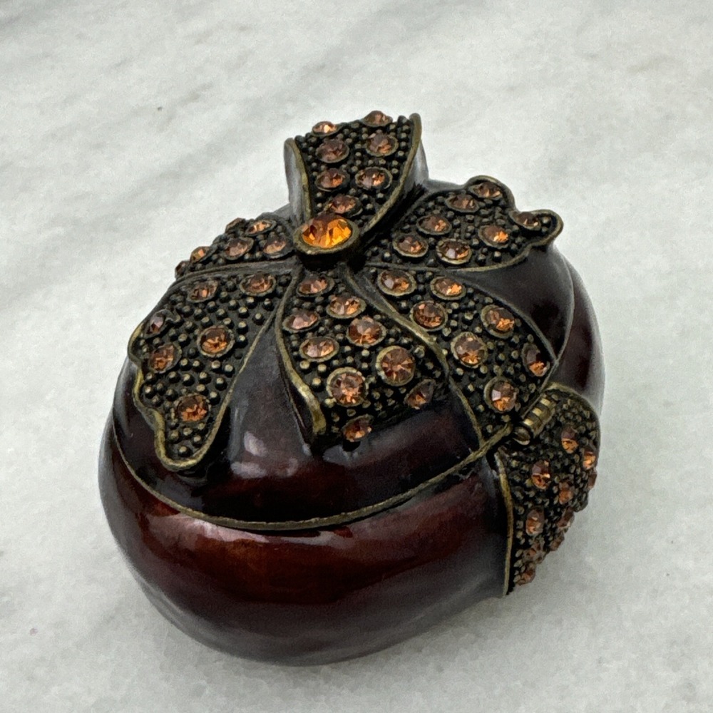 Brown Enamel / Amber Jeweled Bow on Top Trinket Box with Magnetic Closure - Picture 3 of 8